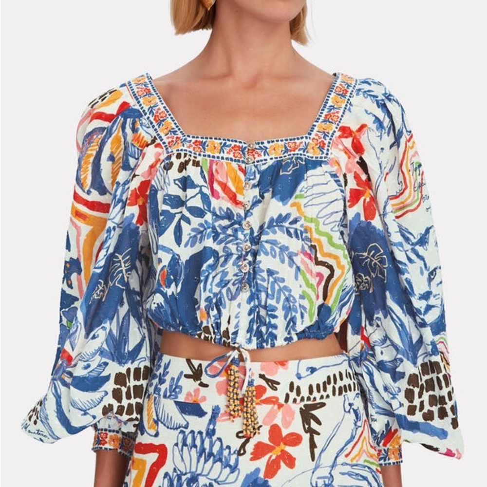 Farm Rio Wild Brazil Cotton Crop Top Drawstring Button Front Multicolor NWT XS - Picture 3 of 16